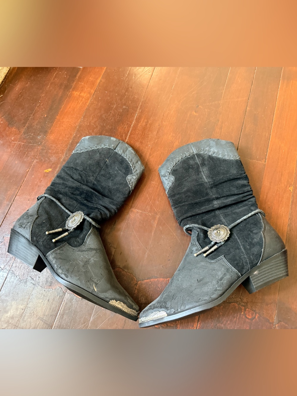 Vintage 90s Black Suede Western Ankle Booties with Concho Accent